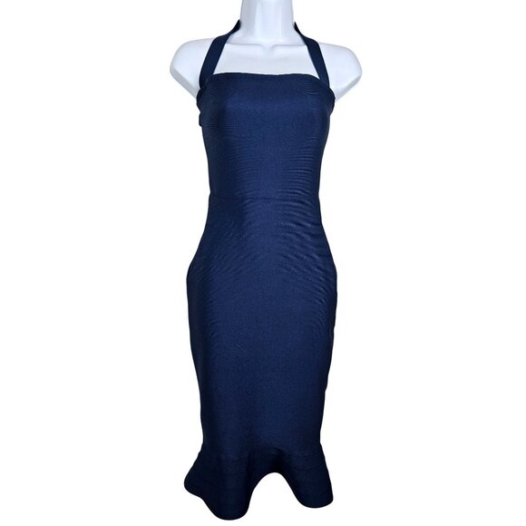 Womens Size XS Bandage Midi Halter Dress Ruffle Hem Zipper Closure Stretch Party - Picture 5 of 12